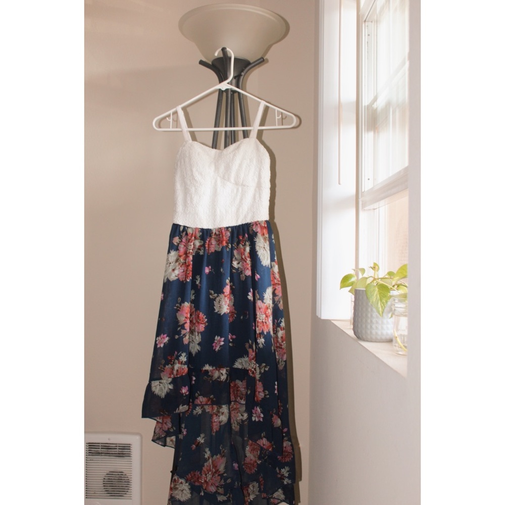 High Low, Blue Flowery Bottom with White Top Dress